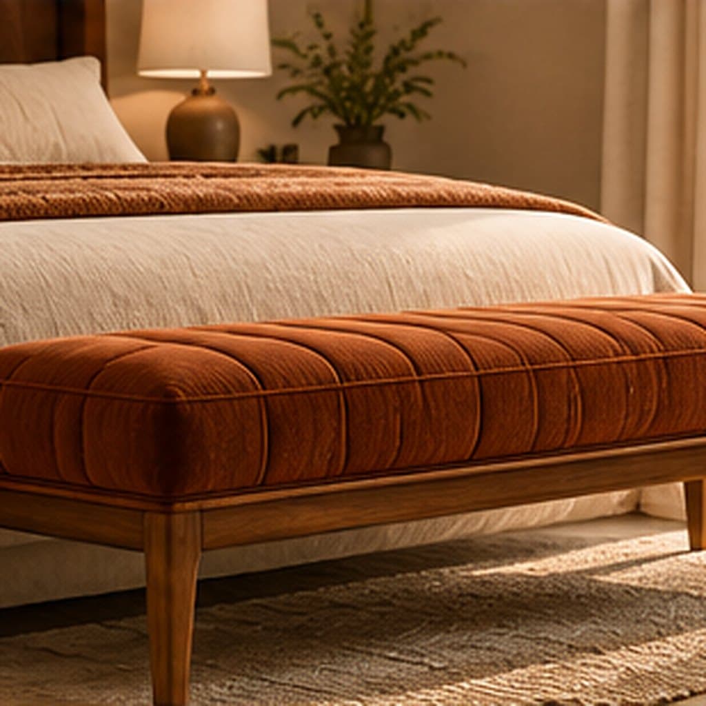 Recamier estofado em veludo terracota aos pés da cama
